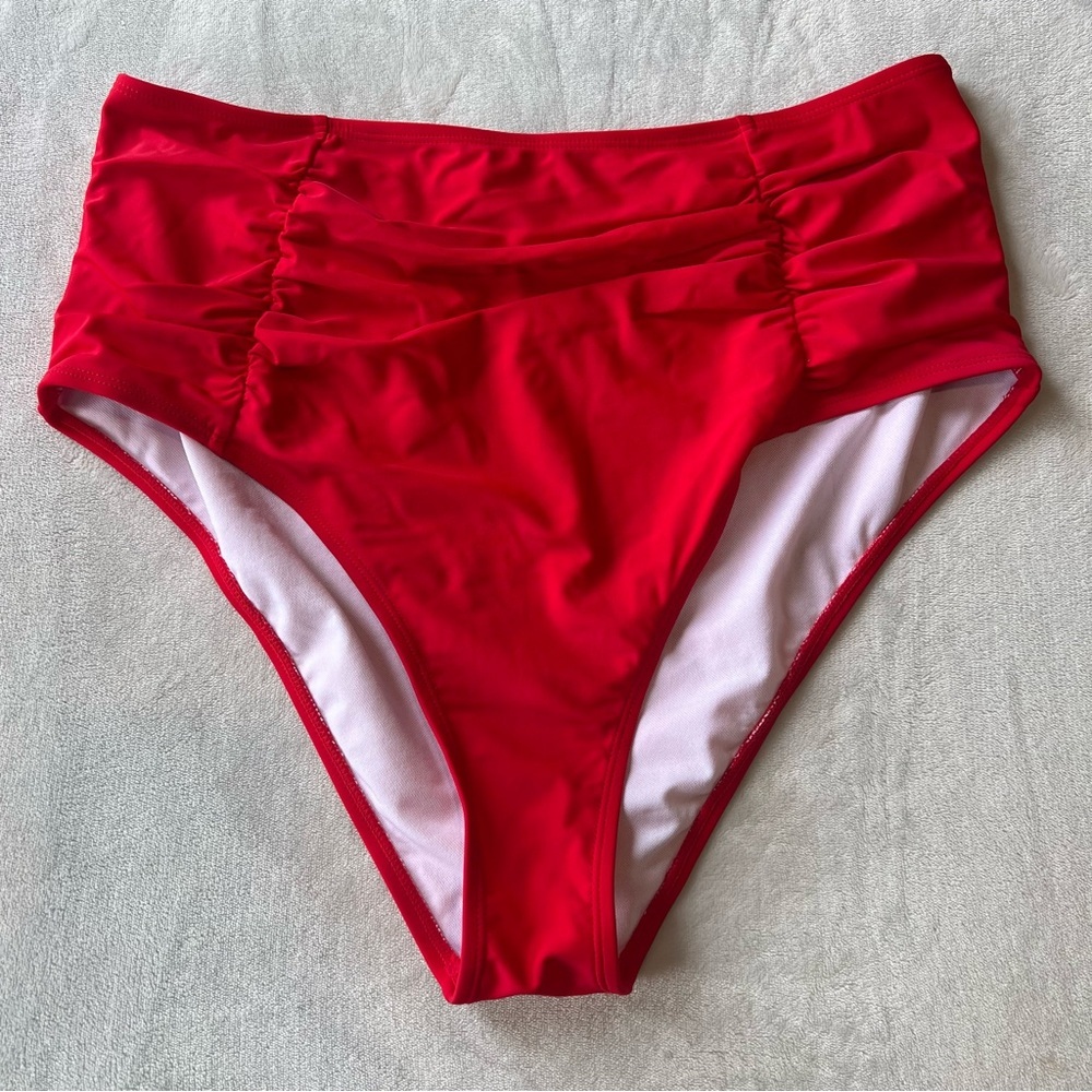 Red Ruched High Rise Bikini Swimsuit Bottoms Plus Size 2XL